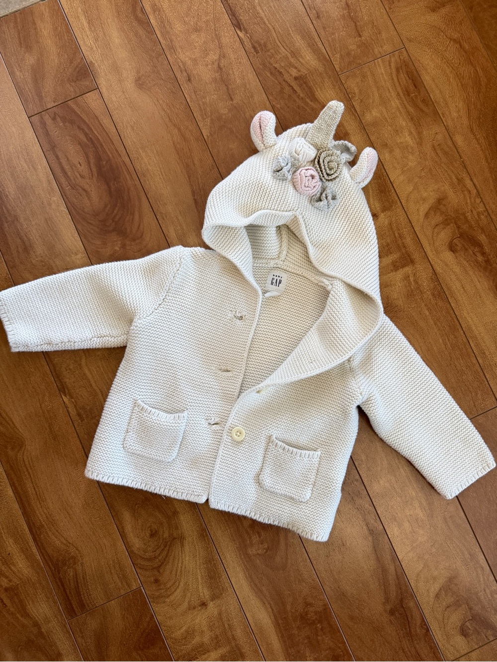GAP Cream Knit Hooded Jacket with Unicorn Detail